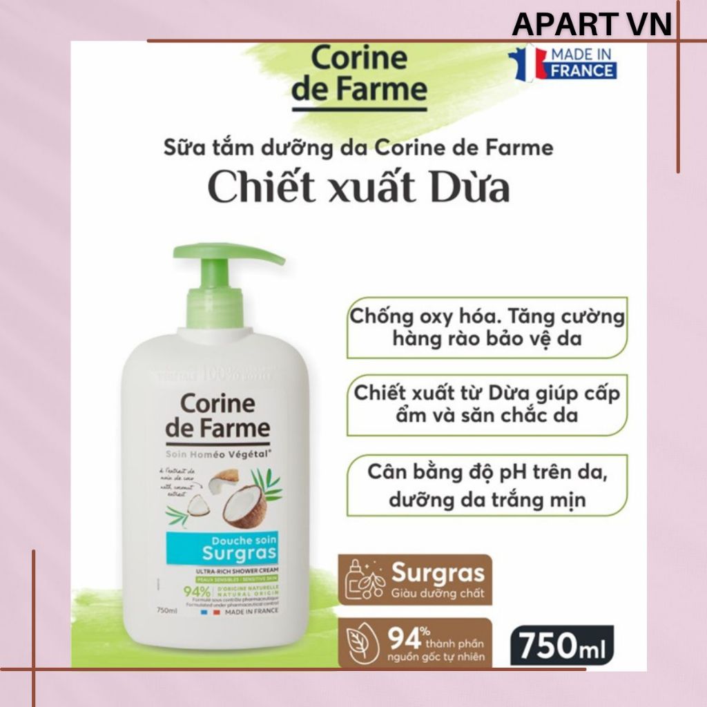 Sữa tắm dưỡng da Corine de Farme chiết xuất dừa 750ML
