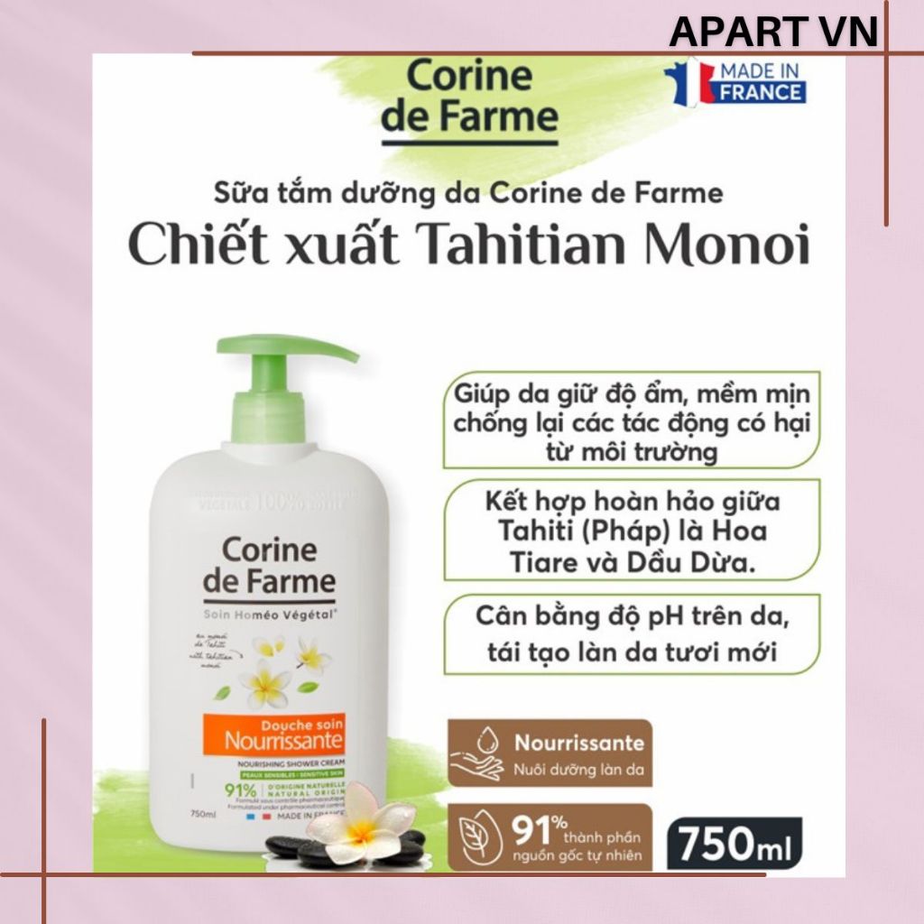 Sữa tắm dưỡng da Corine de Farme tinh chất Tahitian Monoi 750ML