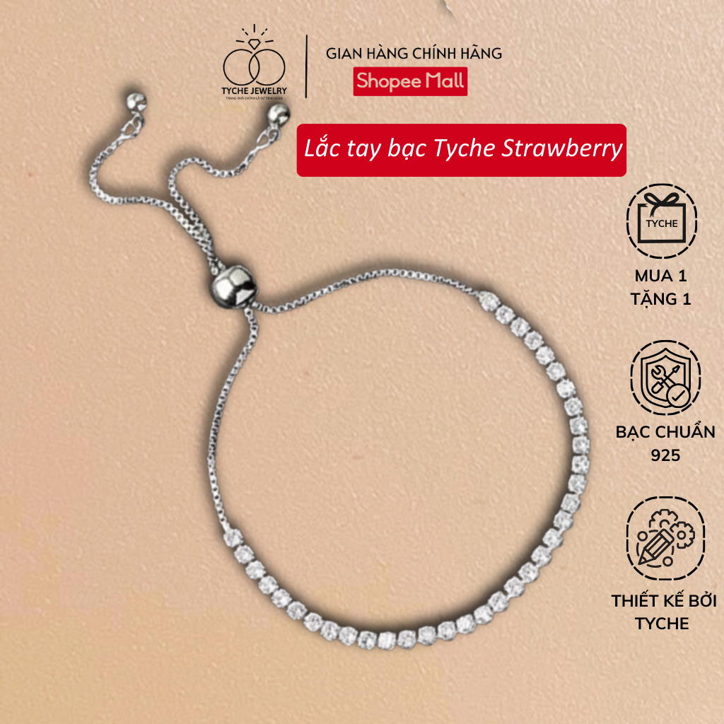 Lắc tay bạc Tyche strawberry, vòng tay bạc đính đá cá tính xinh xắn, lấp lánh, thiết kế dây rút điều chỉnh size Katarine