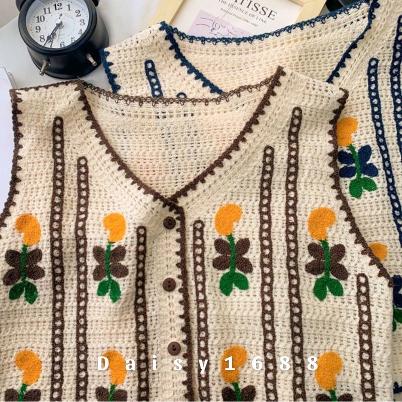 Sẵn - Áo Gile Len Khoác Cadigan Hoạ Tiết Thêu Hoa Mùa Thu Daisy1688