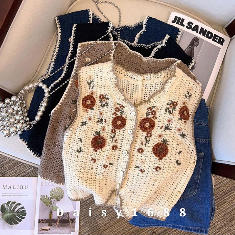 Sẵn - Áo Gile Len Khoác Cadigan Hoạ Tiết Thêu Hoa Mùa Thu Daisy1688