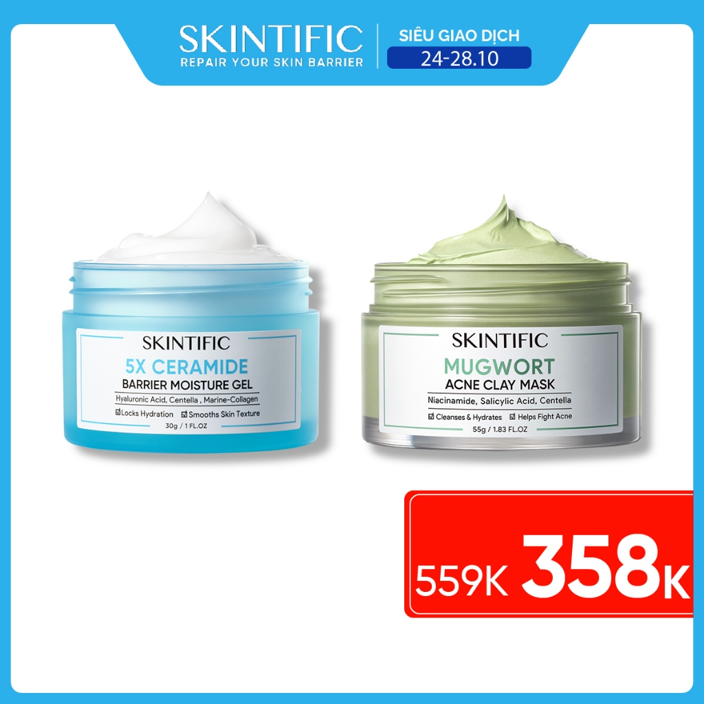 Combo SKINTIFIC gồm Mặt nạ đất sét ngải cứu 55g + Kem dưỡng ẩm 5X 30g