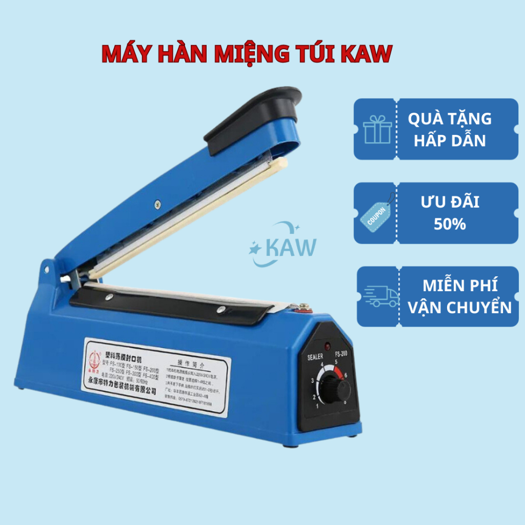 Máy hàn miệng túi  KAW PFS 200 300 400, bảo quản thực phẩm, bọc sản phẩm bán hàng, bảo hành 12 tháng
