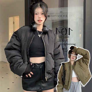 Áo khoác bomber croptop cá tính, áo khoác phao bóng chày dáng ngắn xanh rêu