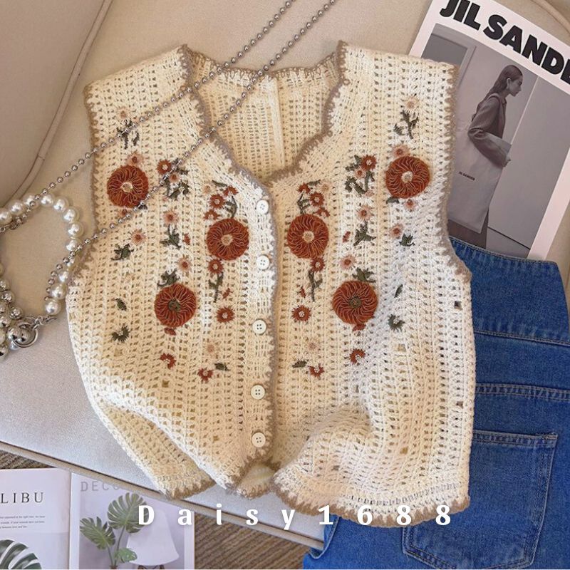 Sẵn - Áo Gile Len Khoác Cadigan Hoạ Tiết Thêu Hoa Mùa Thu Daisy1688