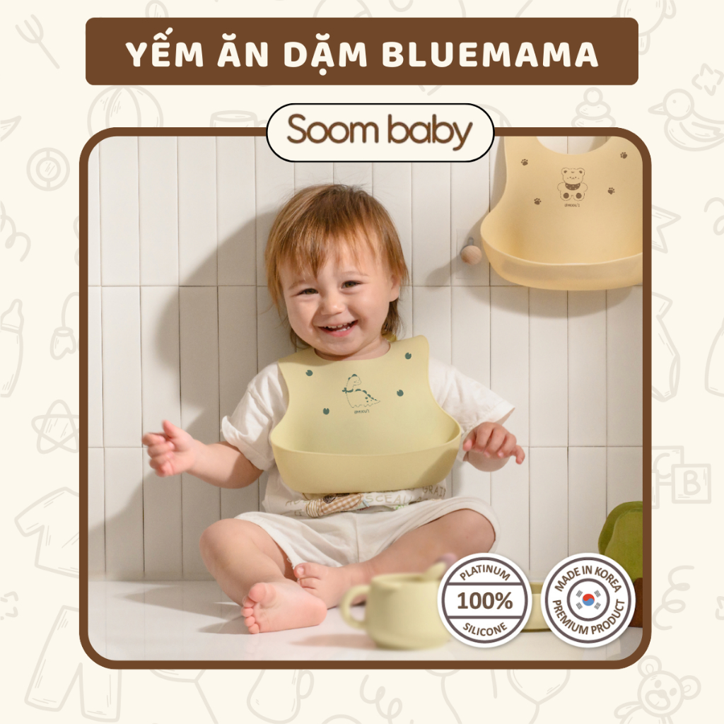 Yếm ăn dặm cho bé silicon cao cấp Bluemama Hàn Quốc yếm cho bé có máng hứng chống thấm, điều chỉnh được kích của từng bé