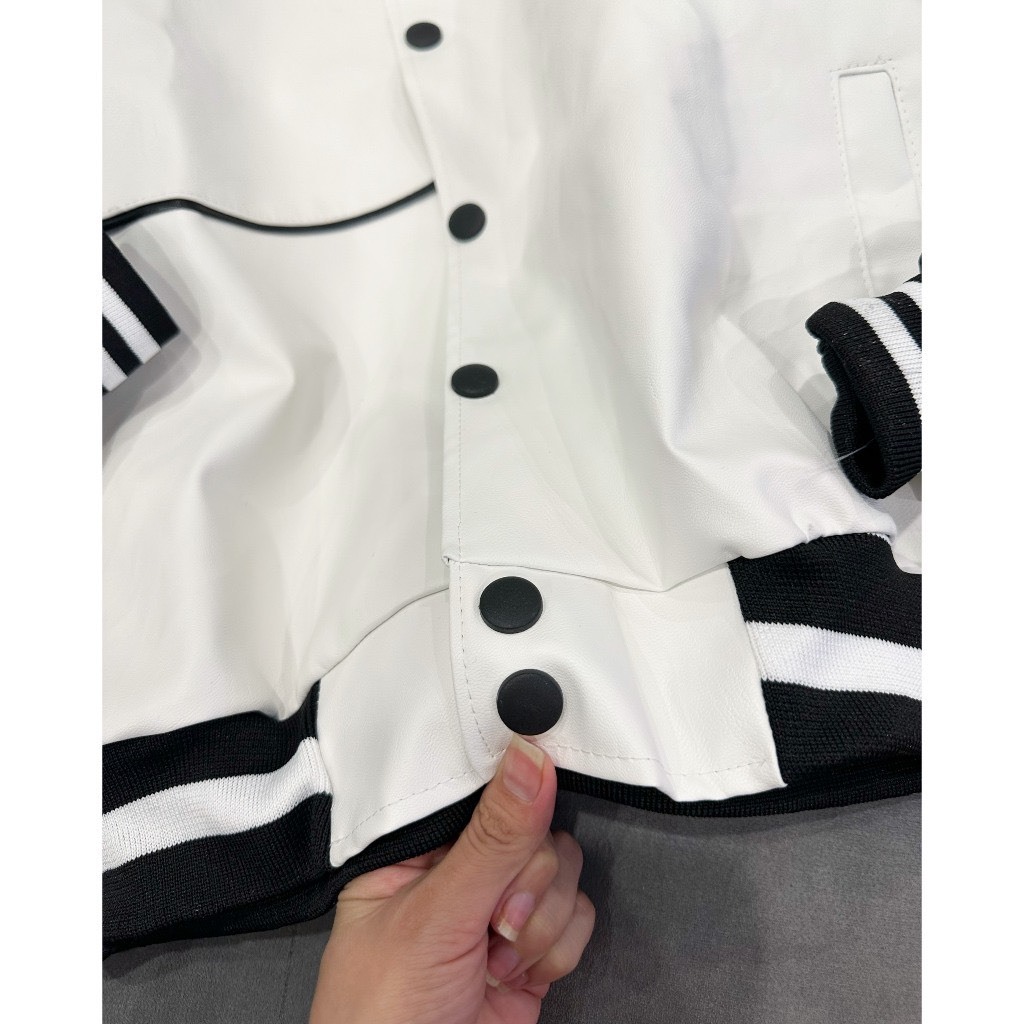 Áo Khoác Nam Nữ, Áo Khoác Da Bomber Trắng phối Tay Hàng QCCC