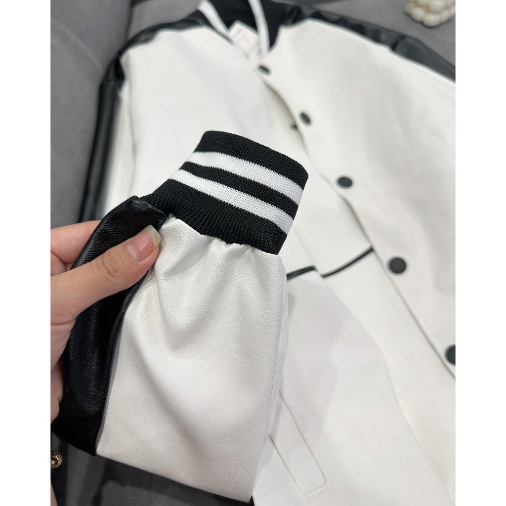 Áo Khoác Nam Nữ, Áo Khoác Da Bomber Trắng phối Tay Hàng QCCC