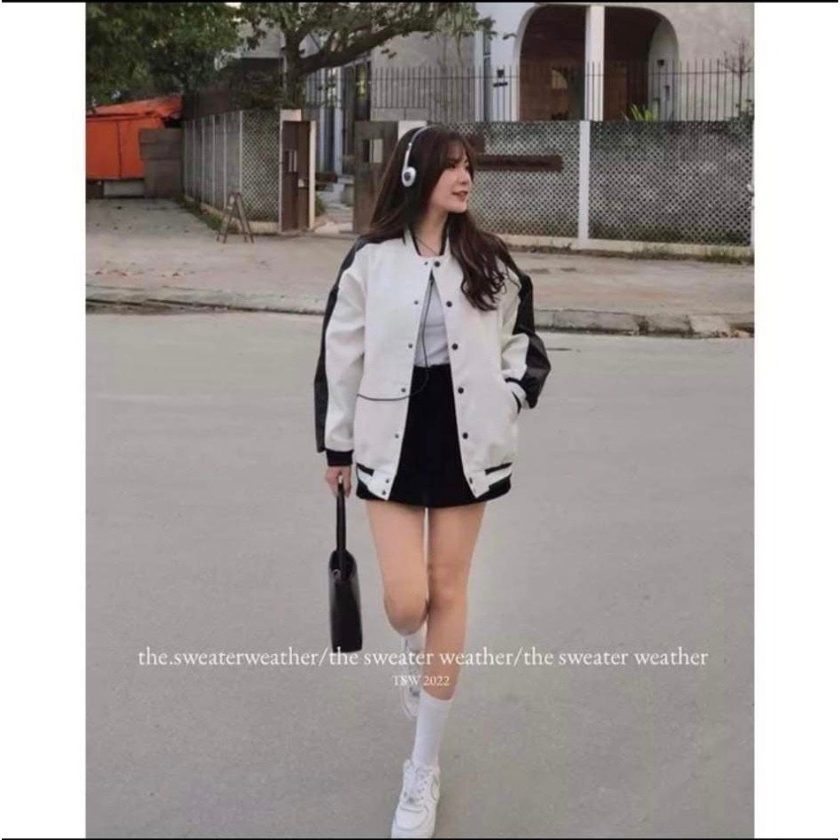 Áo Khoác Nam Nữ, Áo Khoác Da Bomber Trắng phối Tay Hàng QCCC