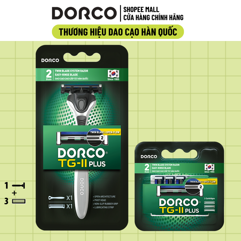 Combo Hộp Dao Cạo Râu Dorco 2 Lưỡi Và Hộp 3 Đầu Dao 2 Lưỡi Dorco TG-II Plus