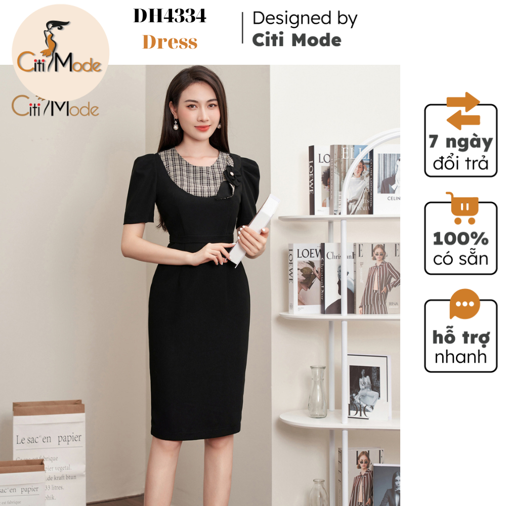 Đầm công sở CITI MODE FASHION thiết kế dáng ôm peplum đen phối kẻ ngực DH4334