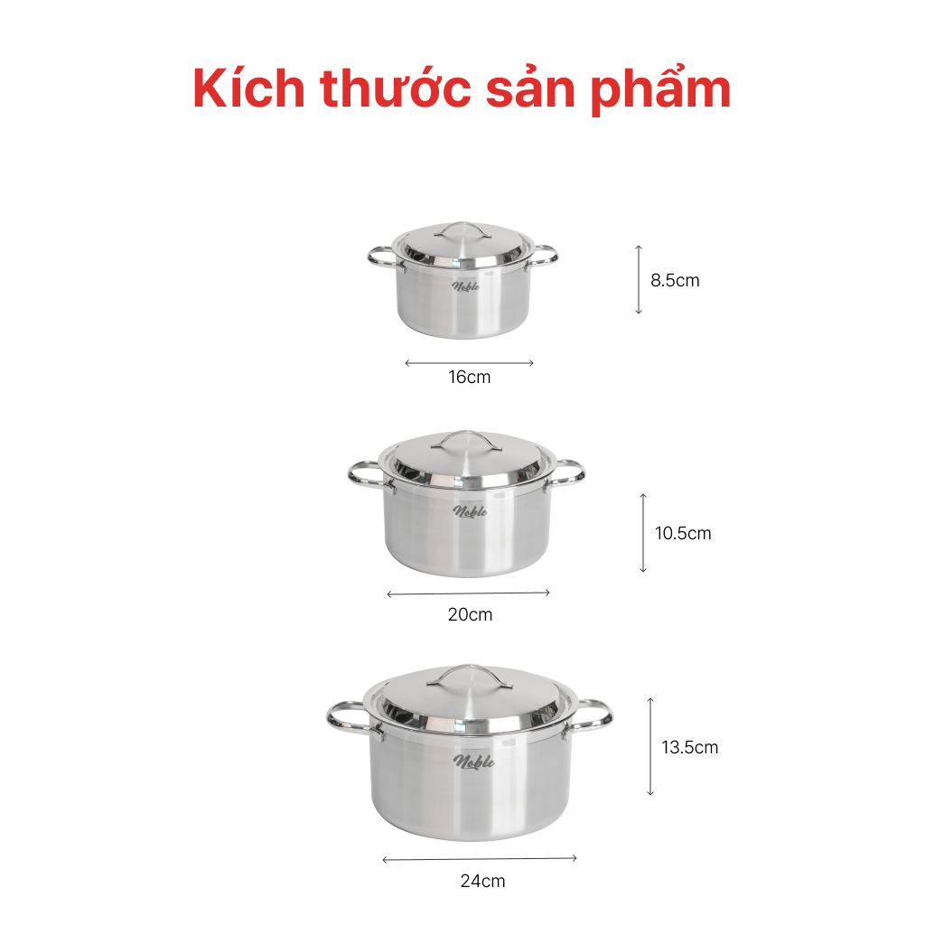 Bộ nồi Inox cao cấp 3 lớp đáy liền Noble, HAPPYCOOK