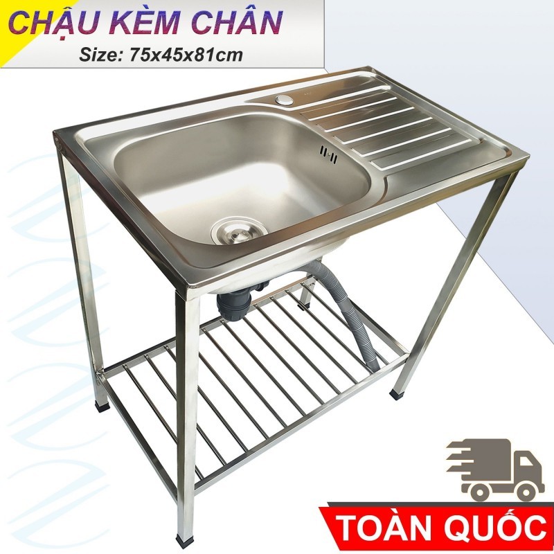 Bộ Chậu Rửa Chén Bát Có Chân Inox Kazta Nhiều Kích Thước - Gồm Chậu, Kệ Chân, Bộ Xả
