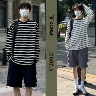 Áo thun tay dài dáng rộng Unisex nhà ZoneF, Áo sweater cổ tròn kẻ sọc Hàn Quốc - TSD