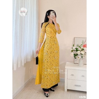 Áo dài hoa nhí nền vàng cúc đen, áo dài nhà tấm - hn19