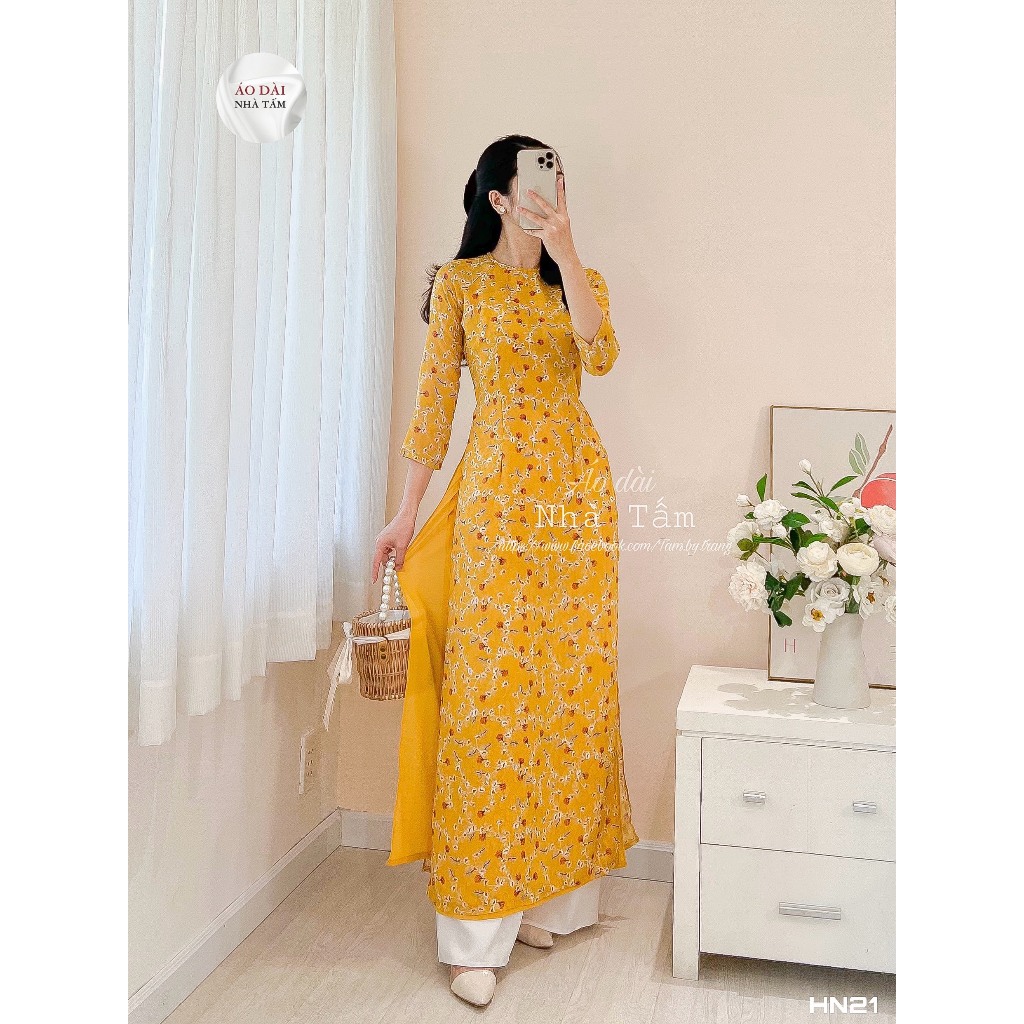 ÁO DÀI HOA NHÍ VÀNG NHỎ CỔ TRÒN, ÁO DÀI NHÀ TẤM - HN21