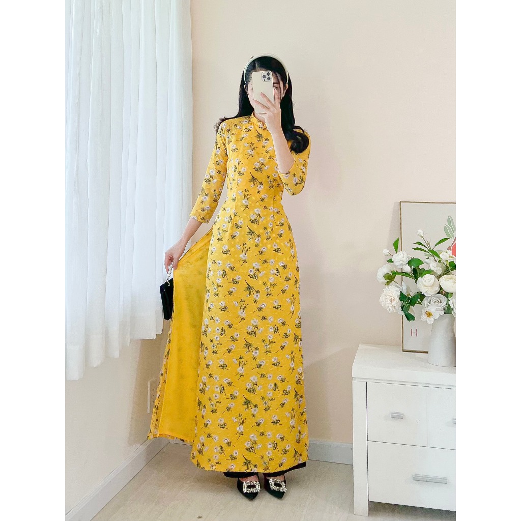 ÁO DÀI HOA NHÍ NỀN VÀNG CHẤT TƠ Ý 4 TÀ, ÁO DÀI NHÀ TẤM - HN8