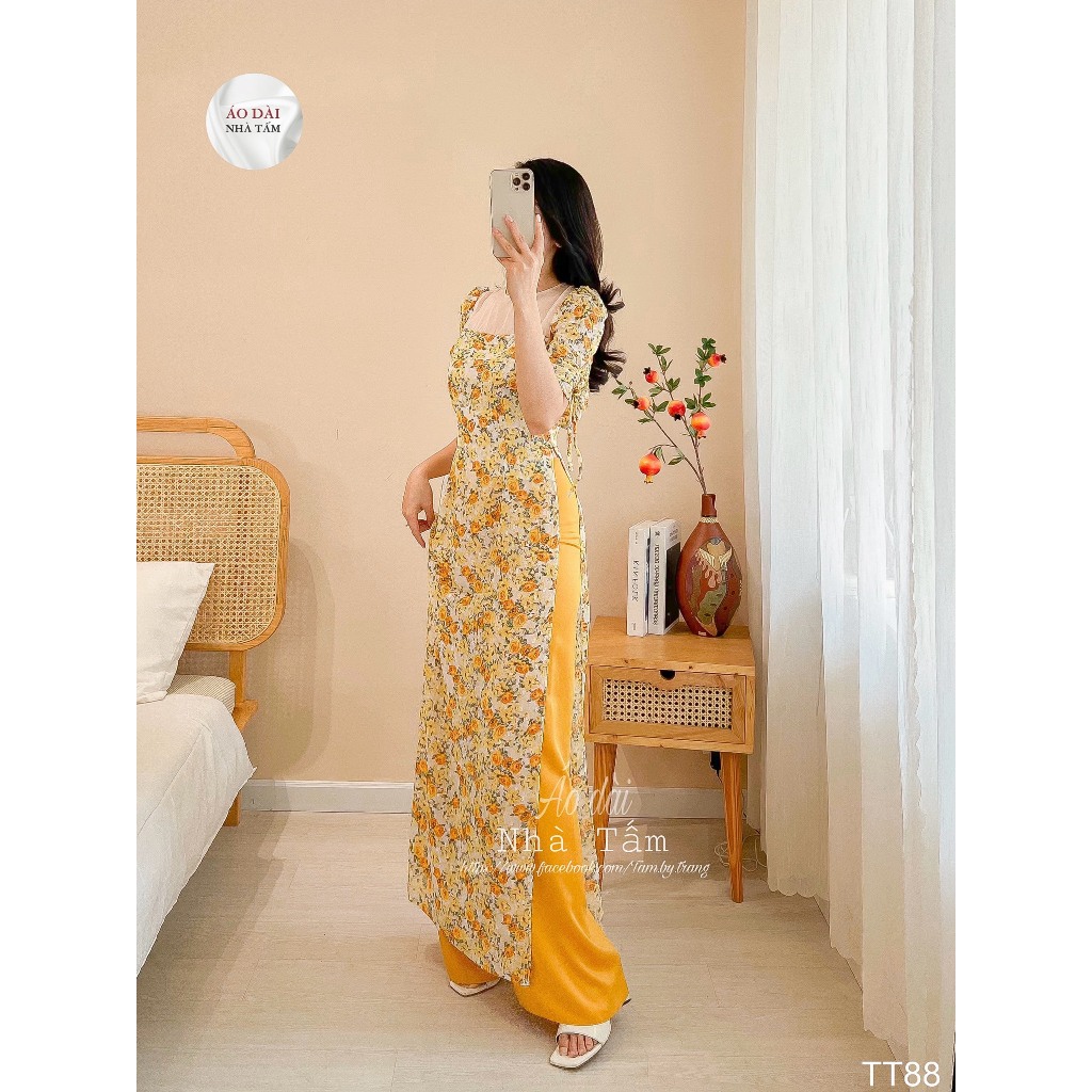ÁO HOA NHÍ VÀNG CAM PHỐI TƠ TRƯỚC NGỰC, ÁO DÀI NHÀ TẤM - TT88