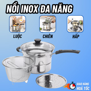 Nồi chiên ngập dầu, có xửng hấp và khay chiên, nồi hấp lòng inox 3 lớp chống ăn mòn đa năng cho gia đình