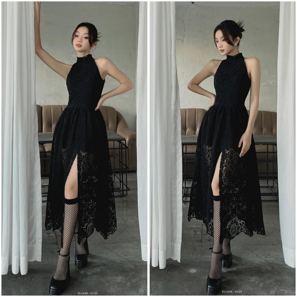 Đầm Ren Midi Dáng Dài Cổ Yếm Xẻ Đùi Suông Trơn 2 Lớp Tone Màu Nhẹ Nhàng Thanh Lịch Sang Chảnh Dự Tiệc, Hẹn Hò