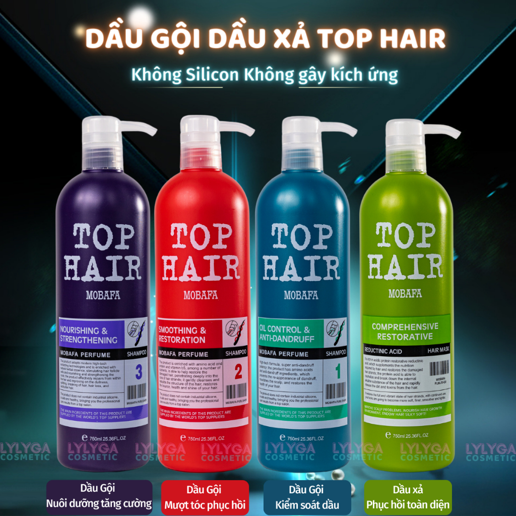 Dầu gội dầu xả Top Hair MOBAFA 750ml hương nước hoa phục hồi tóc hư tổn giảm gàu ngứa kiểm soát dầu toàn diện GX20
