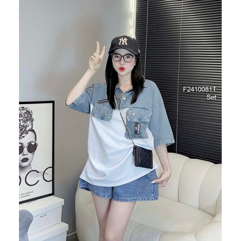 Set áo phối jean + quần short jean T 1023 thaotranshop90 [kèm ảnh thật chụp sàn]