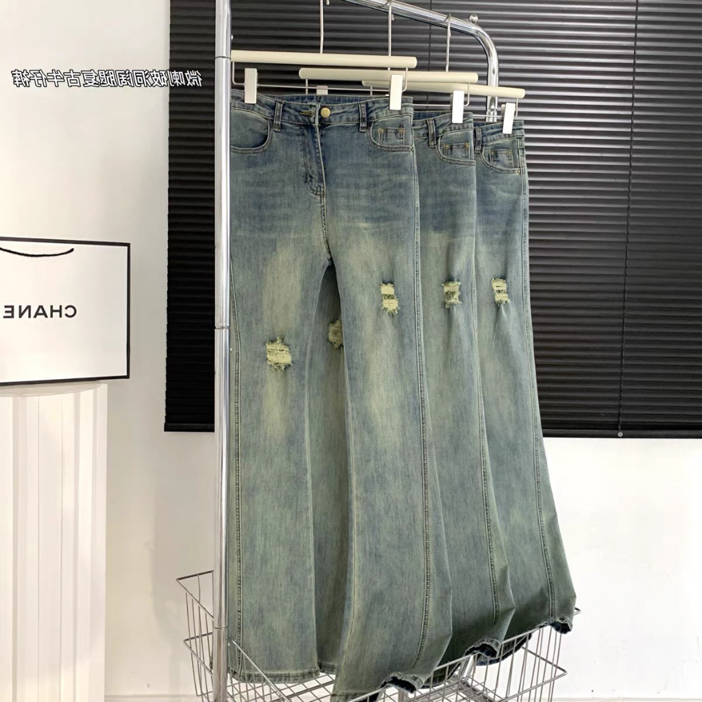 Quần jeans xanh rêu nữ, Quần jeans ống loe rách 2 bên siêu đẹp phong cách 2023 N24