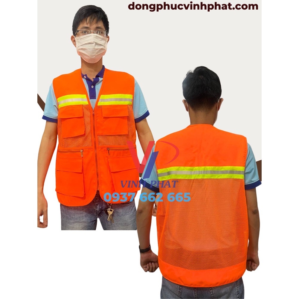 Áo Gile Kỹ Sư Cho Công Nhân Bảo Hộ Lao Động An Toàn Viền Dạ Quang Loại 3 Dây Kéo Màu Cam - Hình Thật, Có Sẵn