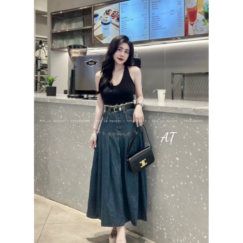 Chân váy jean cạp tua rách xếp ly dáng dài dày dặn co giãn, chân váy xếp ly siu hack dáng Sammy house - 1326 p11k5