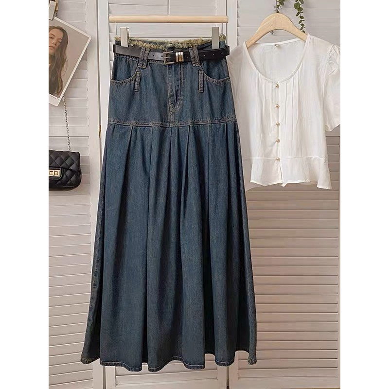 Chân váy jean cạp tua rách xếp ly dáng dài dày dặn co giãn, chân váy xếp ly siu hack dáng Sammy house - 1326 p11k5