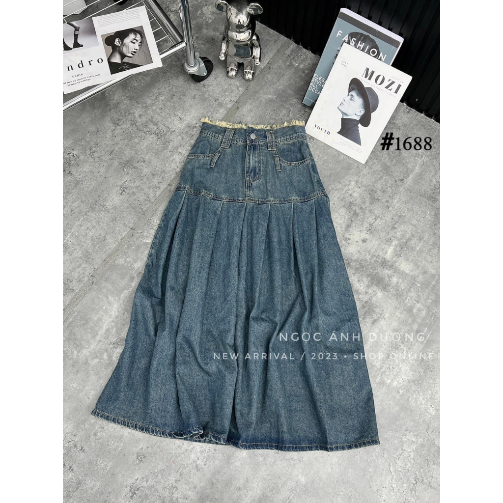 Chân váy jean cạp tua rách xếp ly dáng dài dày dặn co giãn, chân váy xếp ly siu hack dáng Sammy house - 1326 p11k5