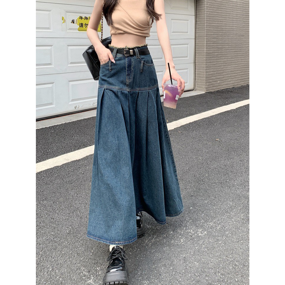 Chân váy jean cạp tua rách xếp ly dáng dài dày dặn co giãn, chân váy xếp ly siu hack dáng Sammy house - 1326 p11k5