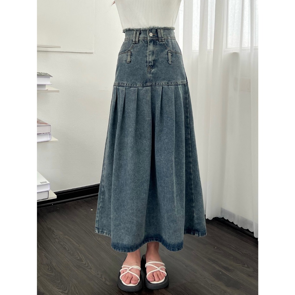 Chân váy jean cạp tua rách xếp ly dáng dài dày dặn co giãn, chân váy xếp ly siu hack dáng Sammy house - 1326 p11k5