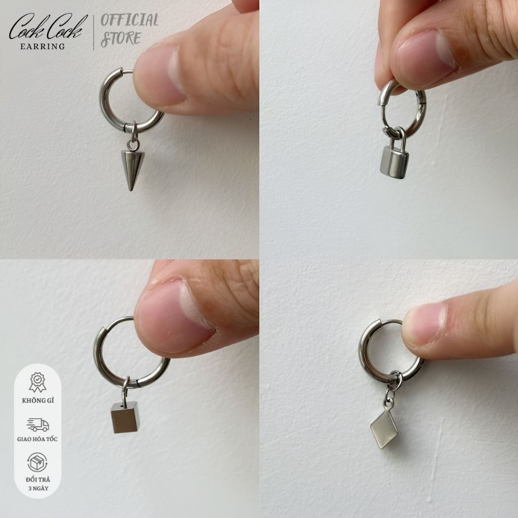 Khuyên tai tròn có xỏ lỗ đính charm kiểu hình học, bông tai nam nữ kiểu dáng unisex thép titan không gỉ - CockCock