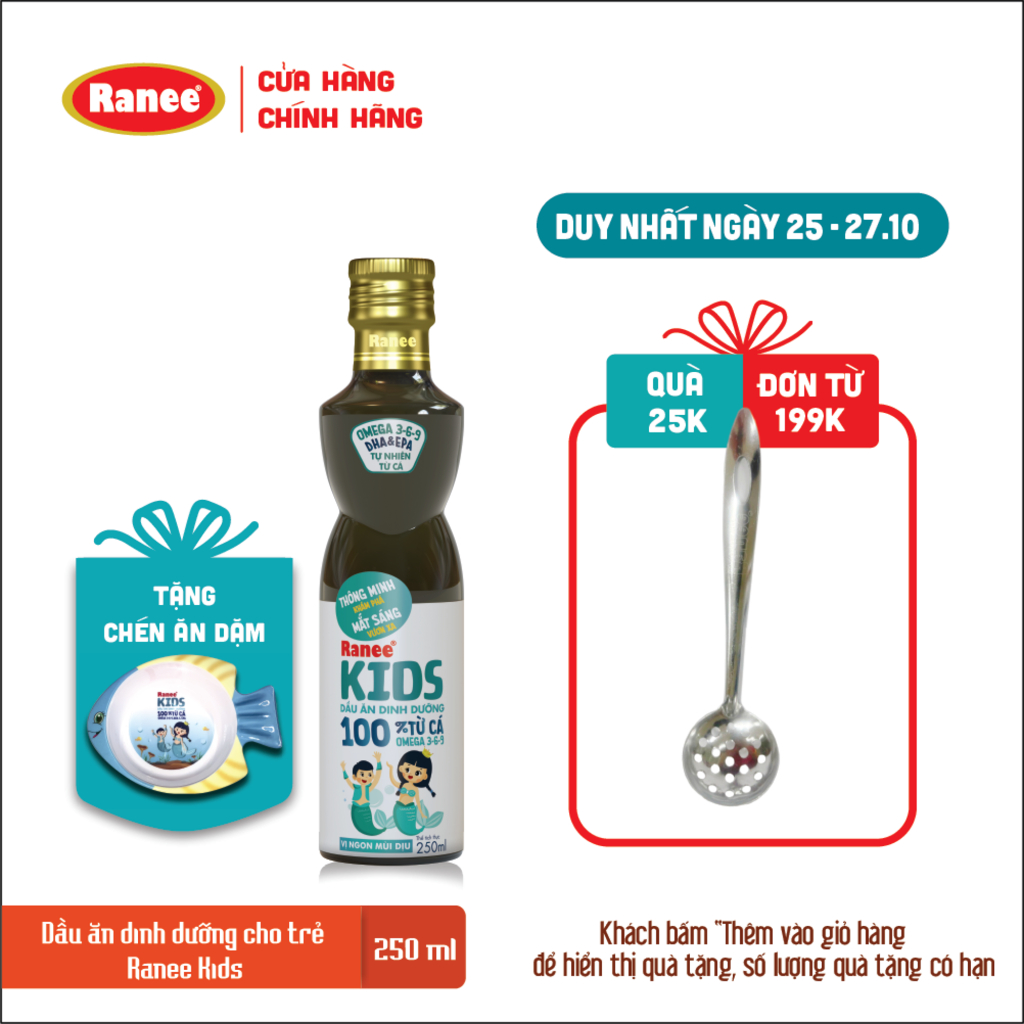 Dầu ăn Cá Hồi dinh dưỡng cho bé Ranee Kids 250ml + tặng kèm chén ăn dặm cao cấp hình cá