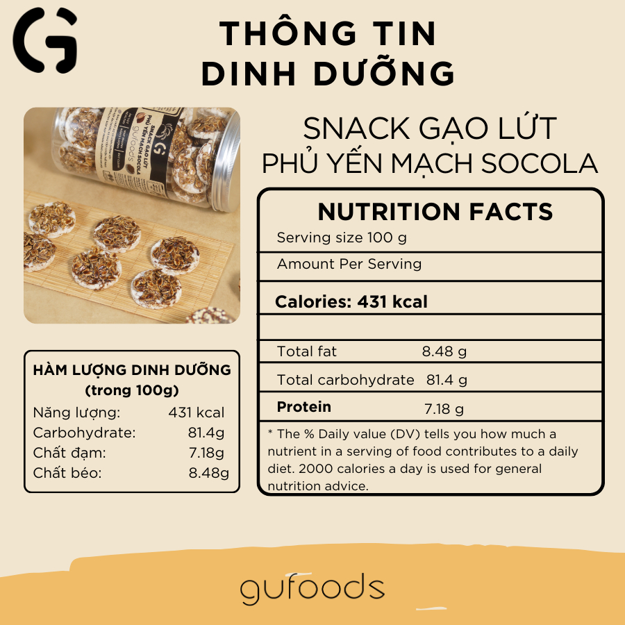 Snack gạo lứt phủ yến mạch socola GUfoods (5g/200g) - Nạp nhanh năng lượng, Ăn vặt healthy, Thuần chay - Bánh kẹo Tết