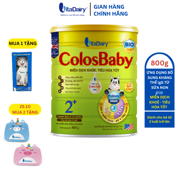 [25.10 MUA 2 TẶNG 1 GỐI CAO SU 3 IN 1] COLOSBABY BIO GOLD 2+ 800g hỗ trợ tiêu hóa tốt, miễn dịch khỏe - VitaDairy