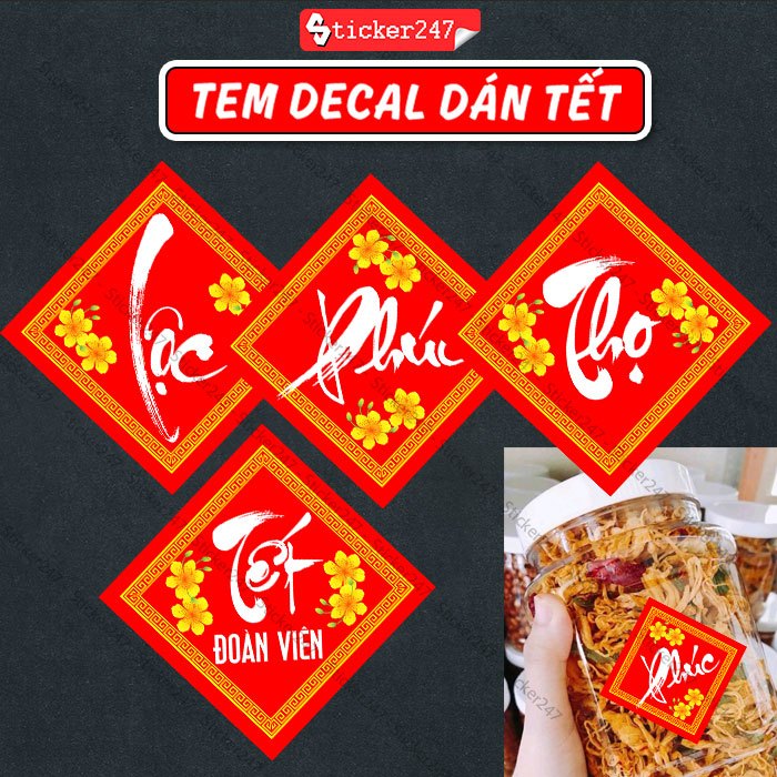Tem Tết Phúc Lộc Thọ Màu Đỏ Hình Thoi 🌈𝑭𝒓𝒆𝒆𝒔𝒉𝒊𝒑 Decal Dán Tết Trang Trí Giỏ Quà, Bánh Chưng - Tem Ch