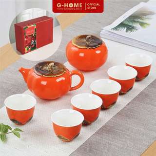 Bộ ấm trà quà hồng độc đáo Ghome tặng kèm hộp làm quà tặng Tết 2023, bộ ấm trà decor sang trọng AT23 M4