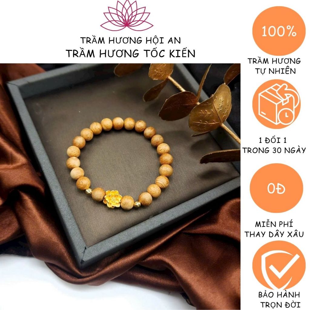 Vòng tay Trầm Lào 8 ly mix charm sen vàng 4 con 9 + bi 18K-Trầm Hương Hội An.