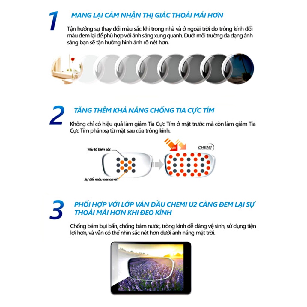 Tròng kính Chemi đổi màu khói U2 Photochromic