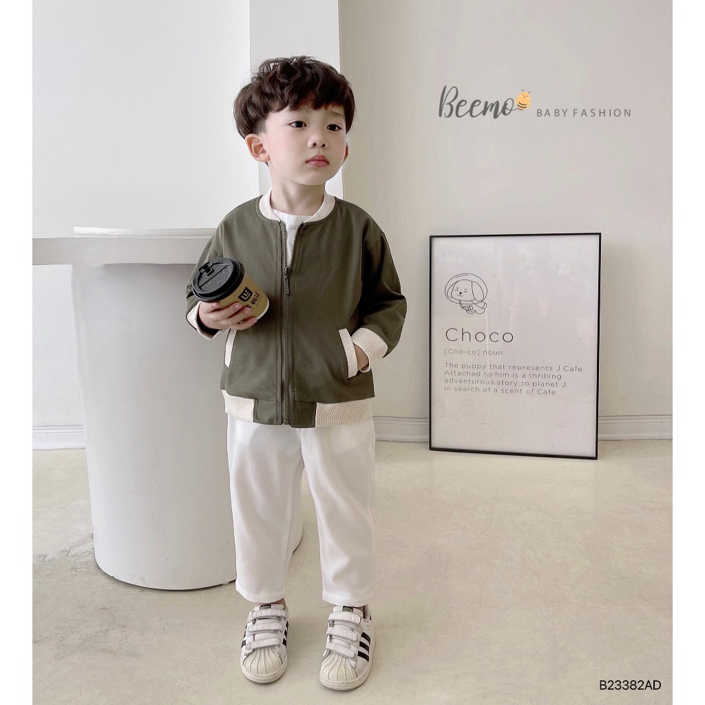 Áo khoác bomber Beemo cho bé trai, phối túi in chữ sau lưng, vải kaki hai lớp dày dặn, mặc thu đông B23382AD