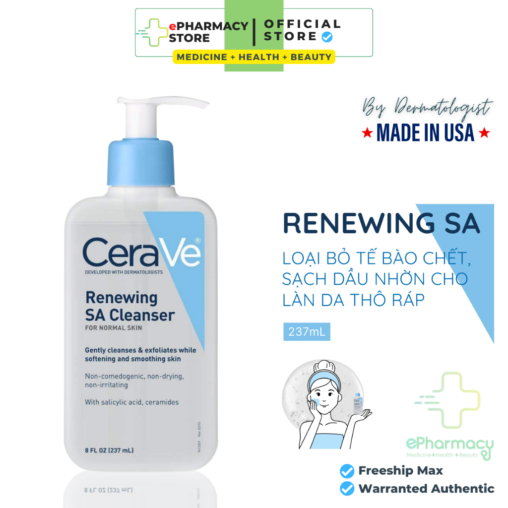 Sữa Rửa Mặt Tẩy Tế Bào Chết CERAVE Renewing SA - SA Smoothing Cleanser cho da thường