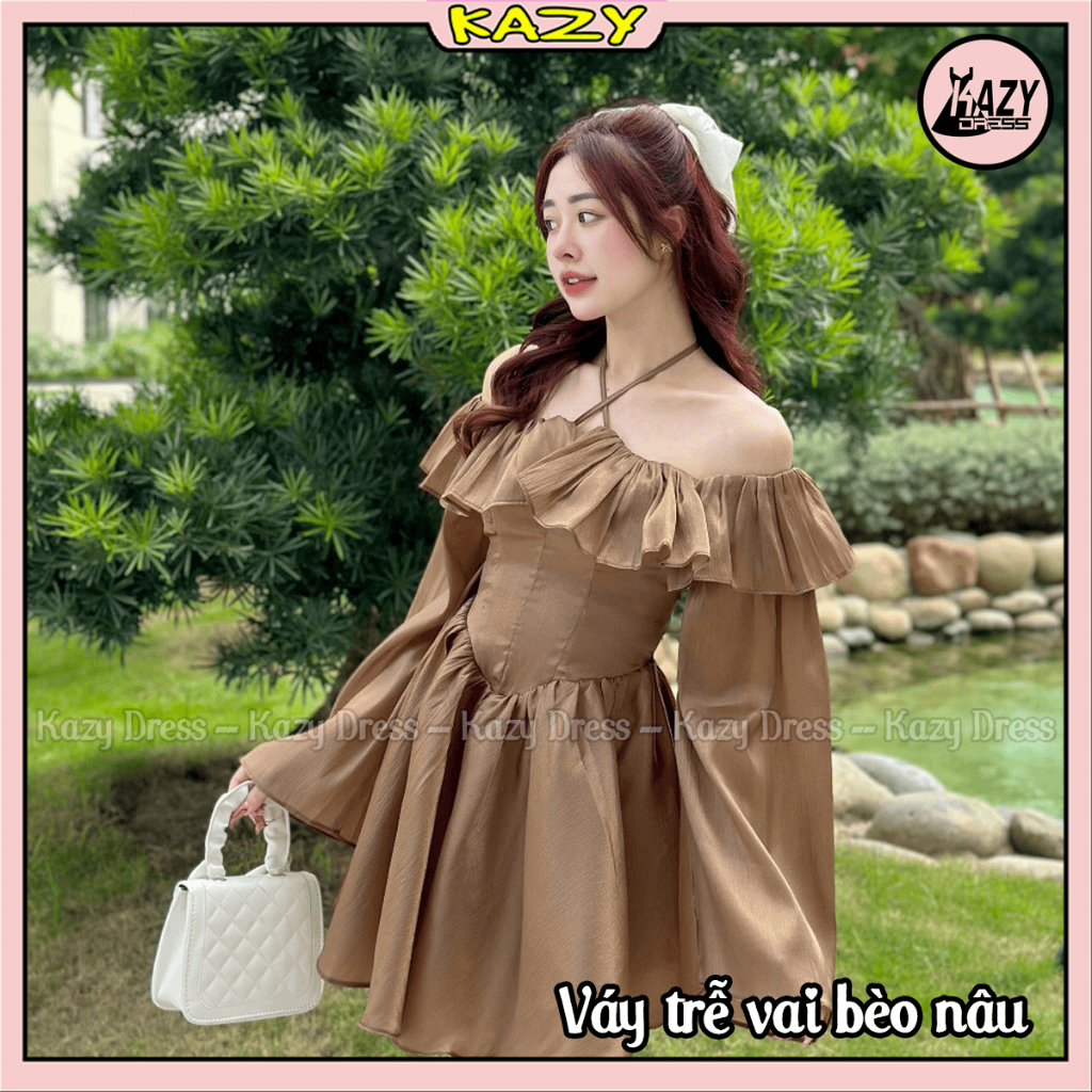 Váy trễ vai bèo dáng xòe tiểu thư, Đầm trễ vai buộc dây phối vai bèo KAZY DRESS V097