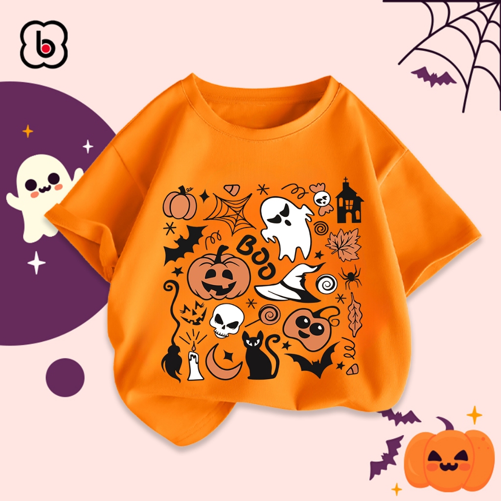 Áo thun Halloween cho bé trai bé gái BabyloveGO 2024 áo phông cổ tròn cộc in hình độc đào cho bé