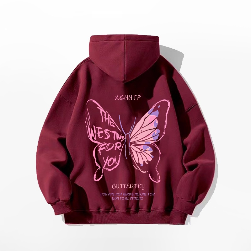 Áo nỉ có mũ trùm đầu in hình con bướm hợp thời trang của Hàn Quốc dành cho nữ CHONMUA365 mùa thu đông 2023