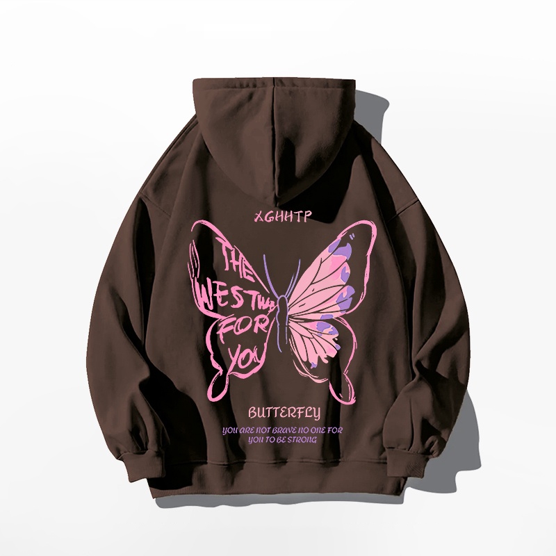 Áo nỉ có mũ trùm đầu in hình con bướm hợp thời trang của Hàn Quốc dành cho nữ CHONMUA365 mùa thu đông 2023