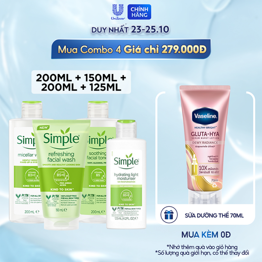 Combo Simple Nước tẩy trang 200ml + Sữa rửa mặt 150ml + Nước hoa hồng 200ml + Sữa dưỡng dạng sữa 125ml