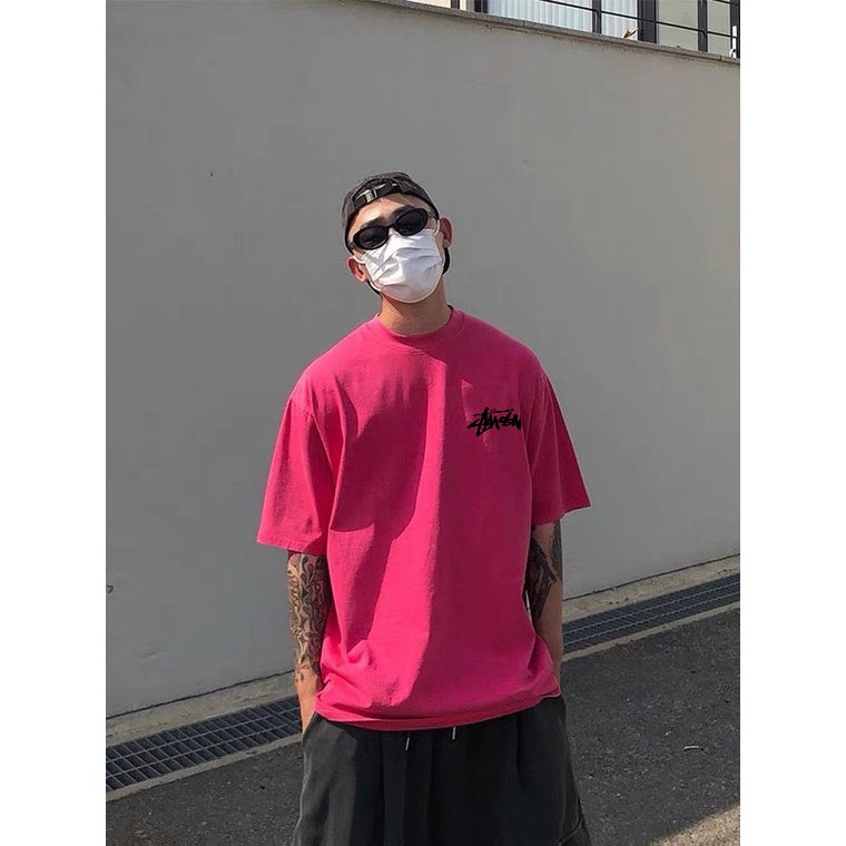 Áo thun màu hồng Stussy 2 mặt nam nữ form rộng tay lỡ Cotton thoáng mát