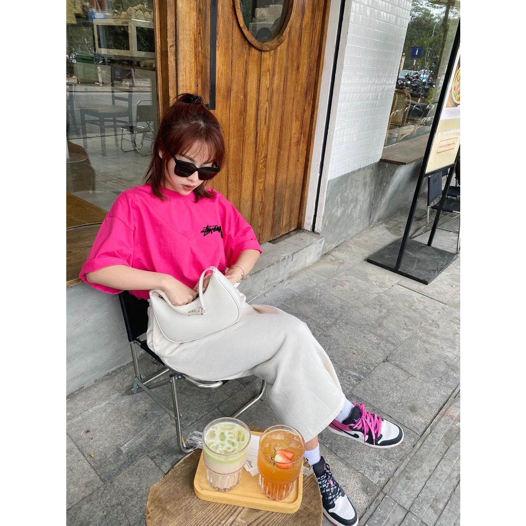 Áo thun màu hồng Stussy 2 mặt nam nữ form rộng tay lỡ Cotton thoáng mát